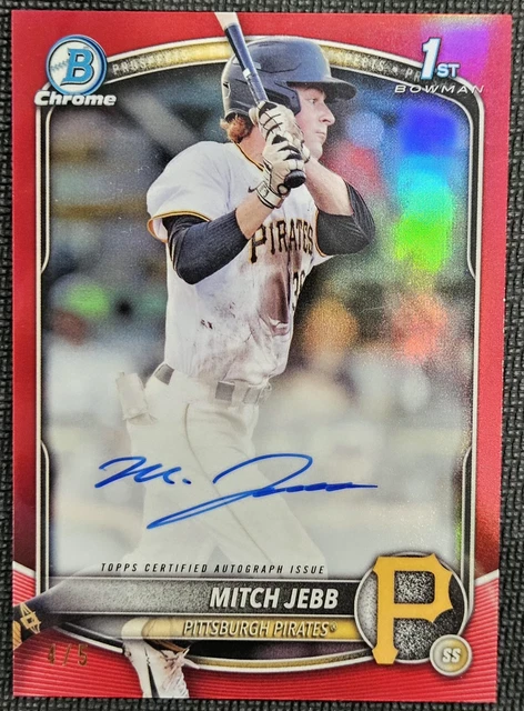Mitch Jebb 2025 Bowman Chrome 1st Red Refractor Auto #/5 Pittsburgh Pirates RC