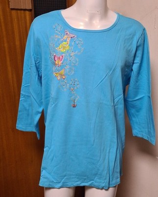 Neu Quacker Factory türkisfarbenes Damen 3/4 Arm T-Shirt/Top Schmetterling 2 XL