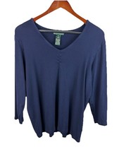 Lauren Ralph Lauren Size 2X Navy Blue V Neck 3/4 Sleeve Top USA Made Luxe