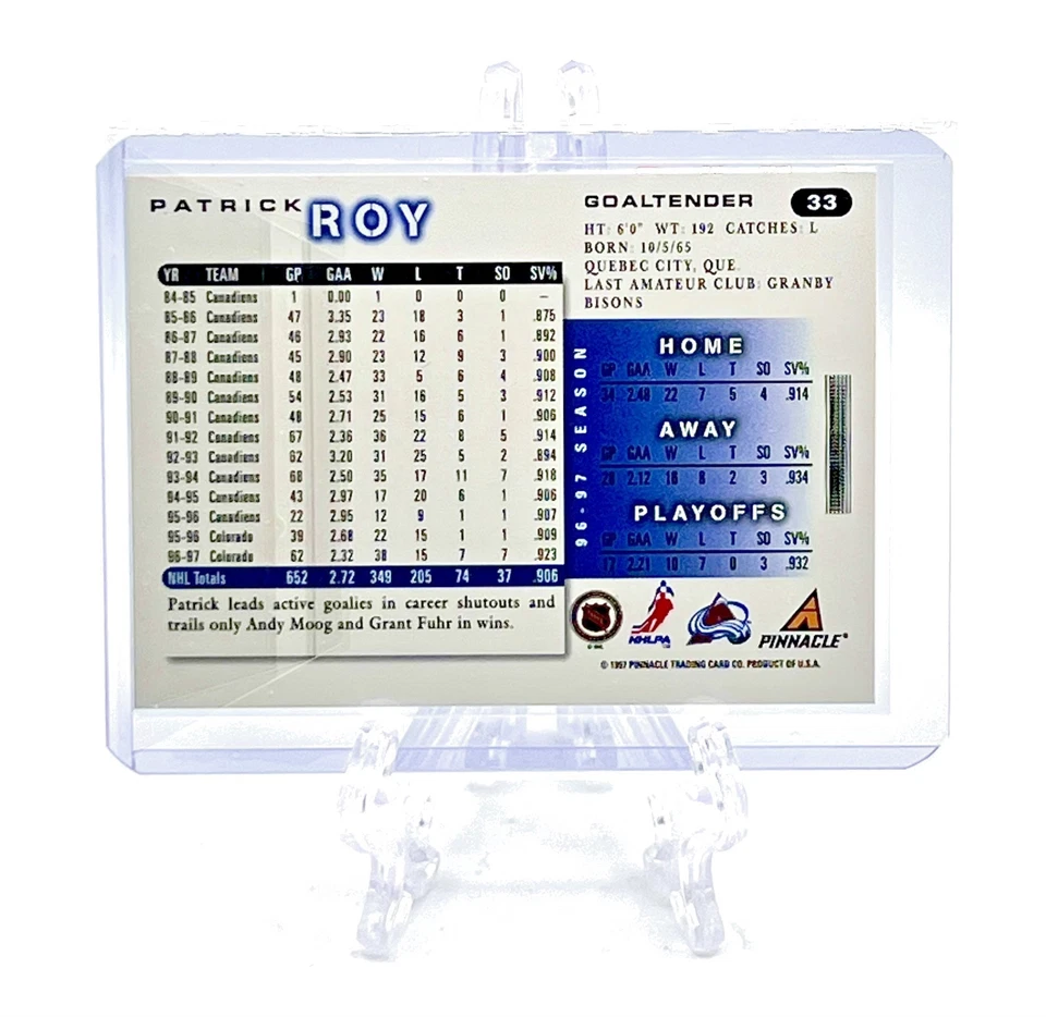 PATRICK ROY 1997-98 Score #33 ARTIST'S PROOF PARALLEL RAW NEAR MINT & CLEAN - Image 2 of 2