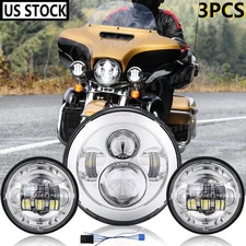 7" Chrome LED Headlight + Fog Light For Harley Davidson Heritage Softail Classic