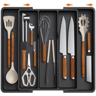 Lifewit Utensil Organizer for Kitchen Drawers, Large(13-22''W x 15''D), Black