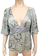 Arden B De Vore Burnt Silk Tunic Shirt Top Blouse Sz M Empire Waist Bell Sleeves