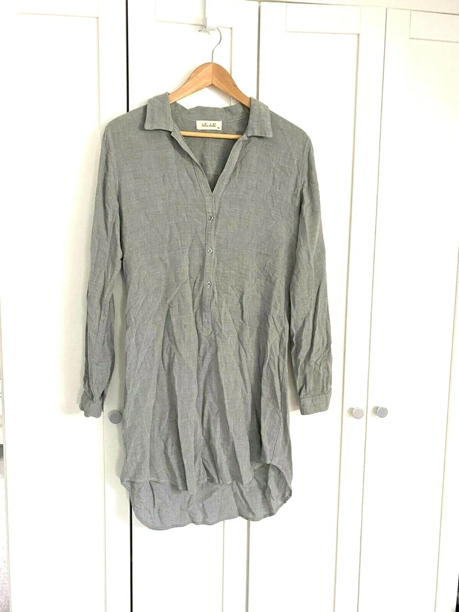 BELLA DAHL Shirt Dress sz XS Light Gray Long Sleeve Belted Hi Lo