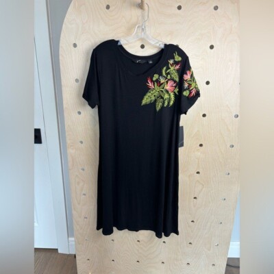 NWT GNW Black Viscose/Spandex Short Sleeve Floral Embroidered Dress Size XL