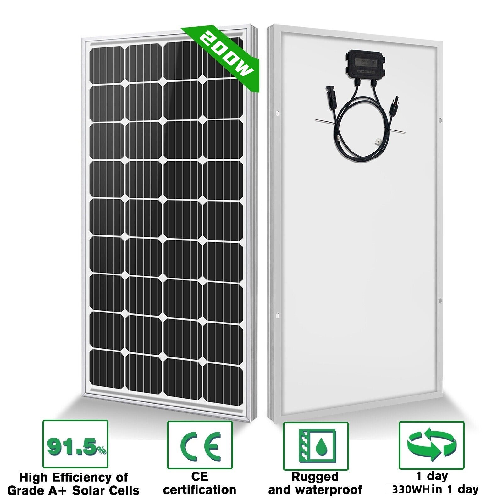 200W Mono Solar Panel 12V Off Grid Charger for Home RV Boat US