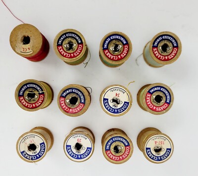 Lot of 12 Wooden Thread Spools Coats & Clark's All Have Some Thread Label Damage