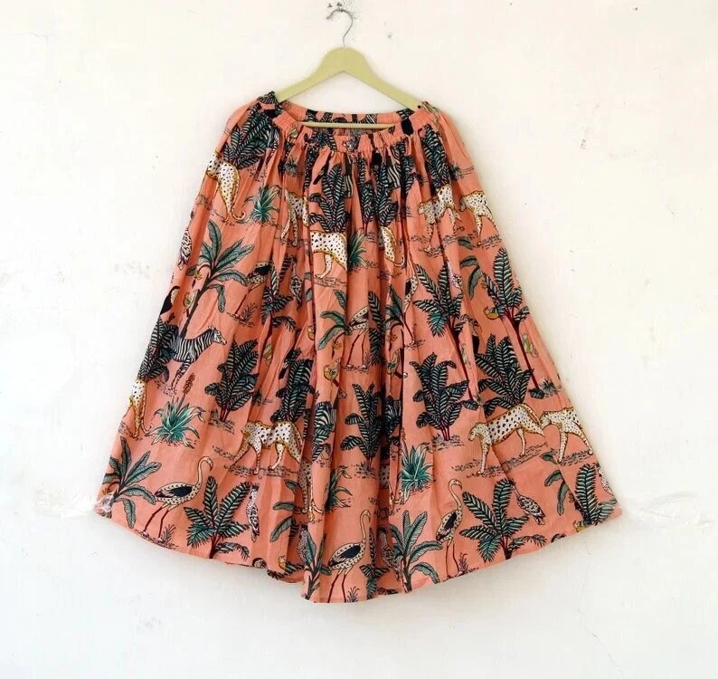 Indian Peach Tiger Forest Skirt Cotton Skirt, Long Skirt, Free Size Beachwear AU