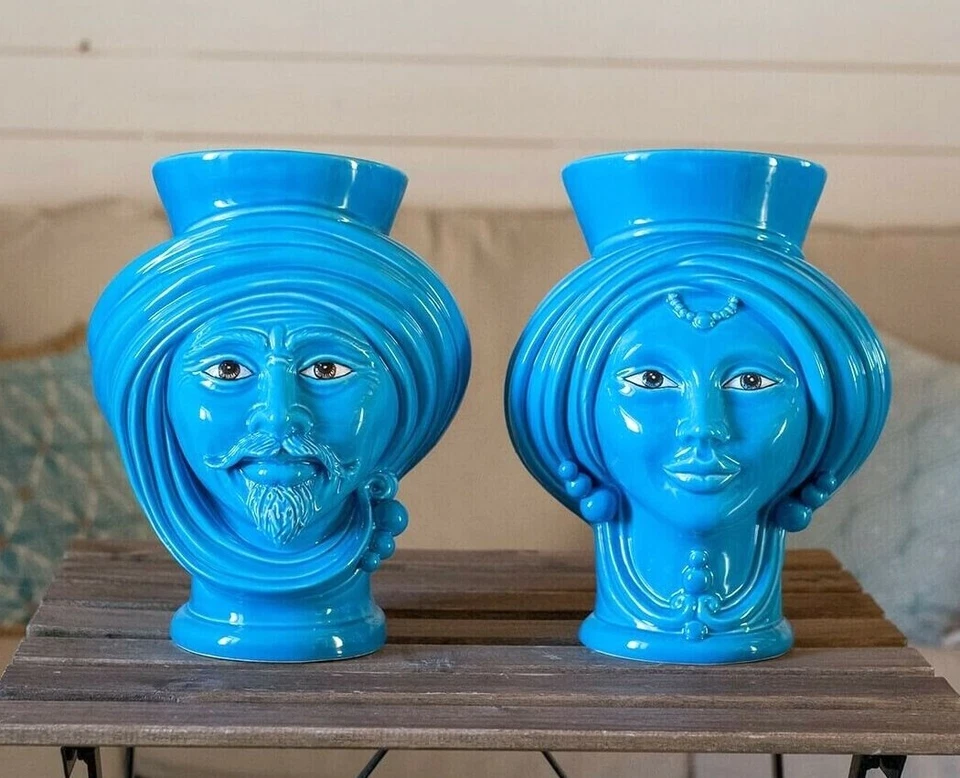 Moors kopf Keramik von Caltagirone Männchen Vase Handmade Hand Türkis Integral - Bild 2 von 2