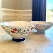 VTG Japanese Porcelain Rice Bowls Hand-Painted Floral  Set of 2 5" Made in Japan