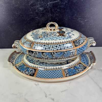 #ad Antique Copeland Spode Transferware KEW Oval Tureen and Handled Under Plate WOW $325.00
