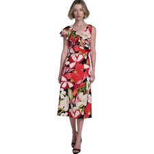 Halston Floral Ruffle Midi Dress Womens 2 Red White NEW Asymmetrical Tropical