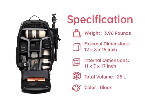 Mochila para cámara grande, impermeable bolsa para cámara sin espejo y DSLR, bloqueo TSA - Imagen 7 de 7