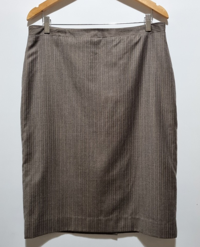 Fletcher Jones Wool Skirt Size 14 Pin Stripe 95% Wool Lined Brown Taupe L65cm
