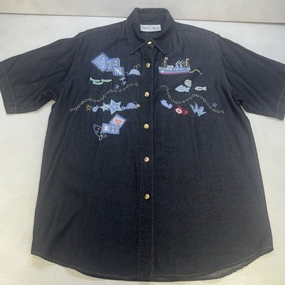 Chris Tebal Wearable Art Black Denim Nautical Embroidered Button Up Shirt (48)
