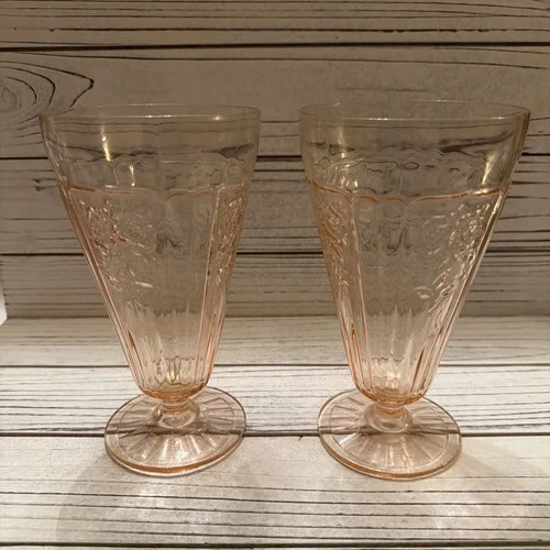 Vintage Set of 2 Depression Pink Mayfair Open Rose 6 3/4" Ice Tea Footed Tumbler
