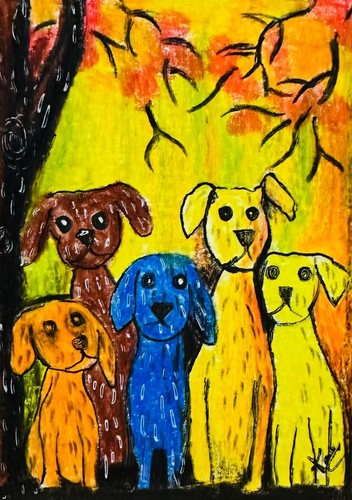ACEO Original Colored Pencil Drawing Whimsical Dogs Group Portrait Art OOAK NEW