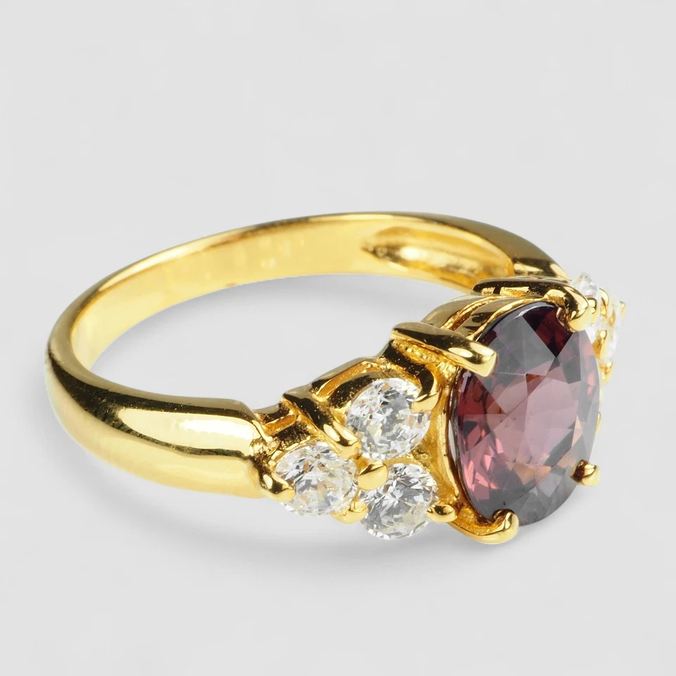 Lindos anéis ovais de zircão vermelho 2,50 ct 925 prata esterlina folheados a ouro 24K tamanho 7 - Imagem 3 de 4