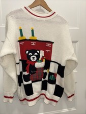 Vintage Santa Bear Sz Med Ugly Christmas Cream Acrylic Chunky Fun Sweater Korea