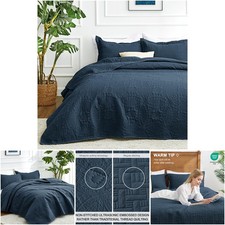 King Size Navy Blue Quilt Set Soft Bedspread Comforter Modern Coin Pattern 3