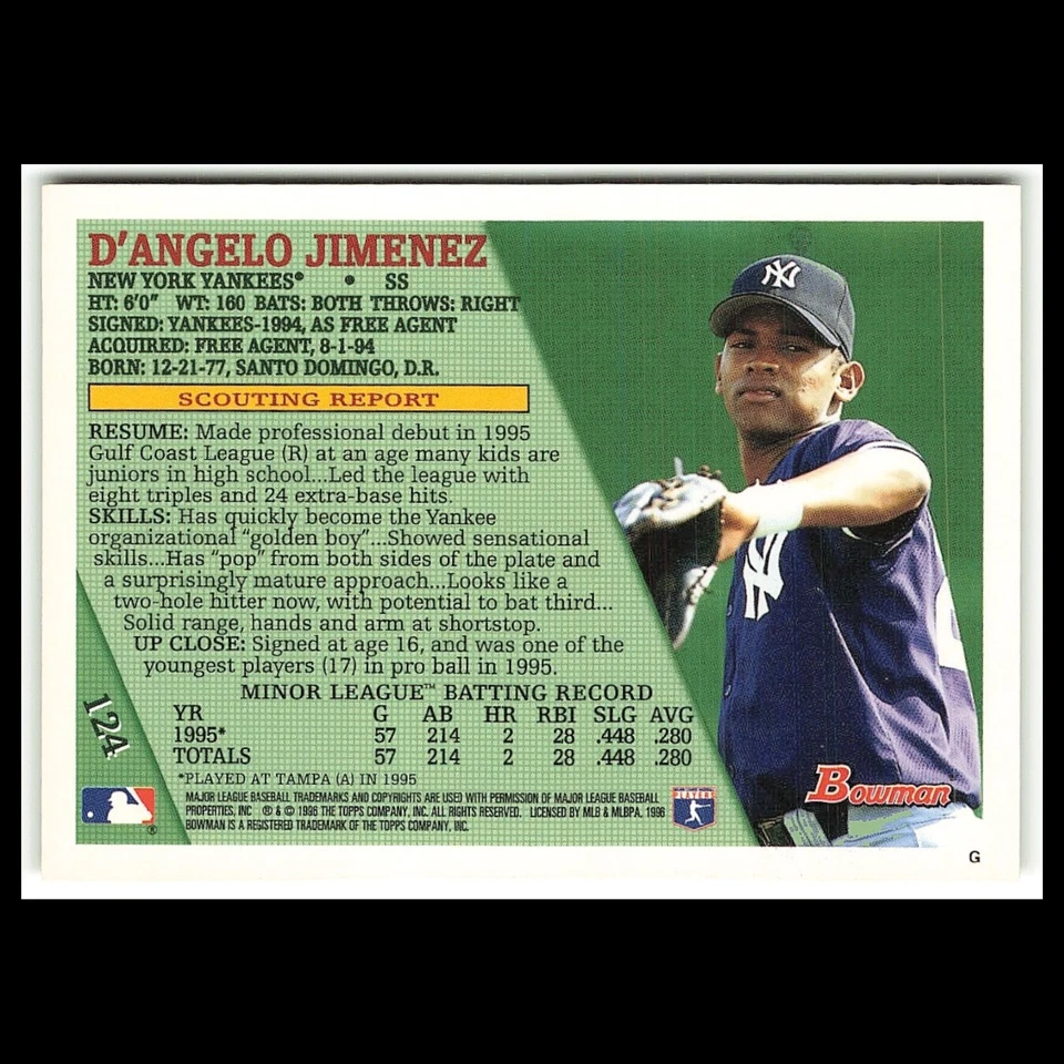 DAngelo Jimenez Rookie #124 1996 Bowman New York Yankees Baseball Card MLB NM - Image 2 of 3