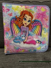 Vintage Lisa Frank Angel Cat Zip Binder Glitter 3 Ring Pastel Butterfly Y2K