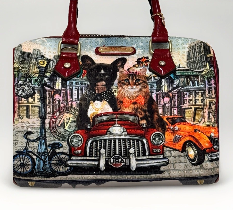 Nicole Lee City Drive Bag Boston Print Dog And Cat Red and Blue Double Handle - Image 2 of 4