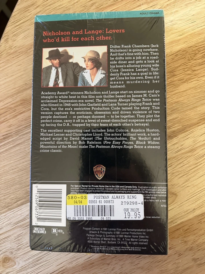 The Postman Always Rings Twice VHS 1990 New Sealed Jack Nicholson Jessica Lange — 第 2/3 张图片