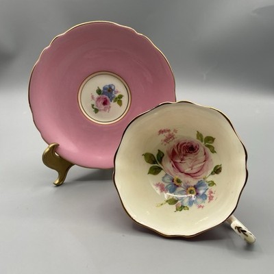 Paragon Cabbage Rose Pink Footed Tea Cup Saucer Gold Trim Double Warrant