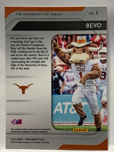 2019 Panini Prizm Draft Picks #3 Bevo Texas Longhorns Football Card "MASCOTS" - Picture 2 of 2