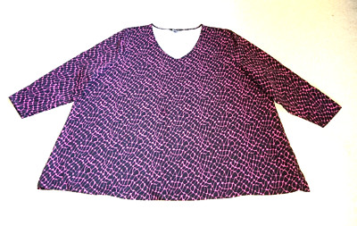 Womens Top-ULLA POPKEN-pink/black patterned cotton knit  V-neck 3/4 slv-32/34