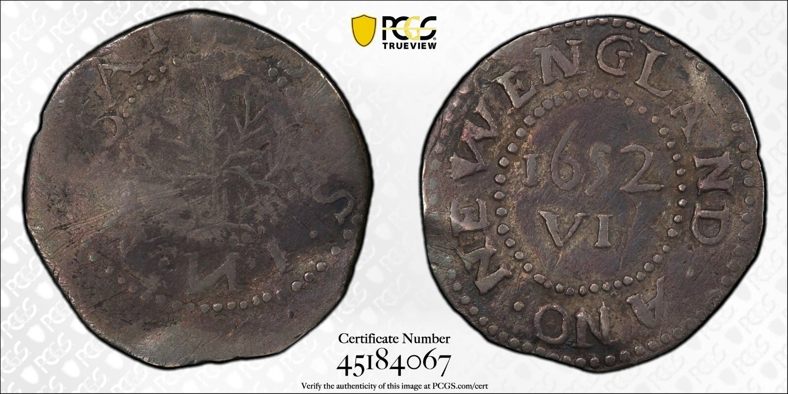 1652 Oak Tree 6 Pence IN on Obverse PCGS VF DETAIL TONED Colonial Us Coin RARE