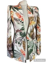 Guess By Marciano Floral Monstera Longline Fitted Padded Flared Sleeve Blazer 10