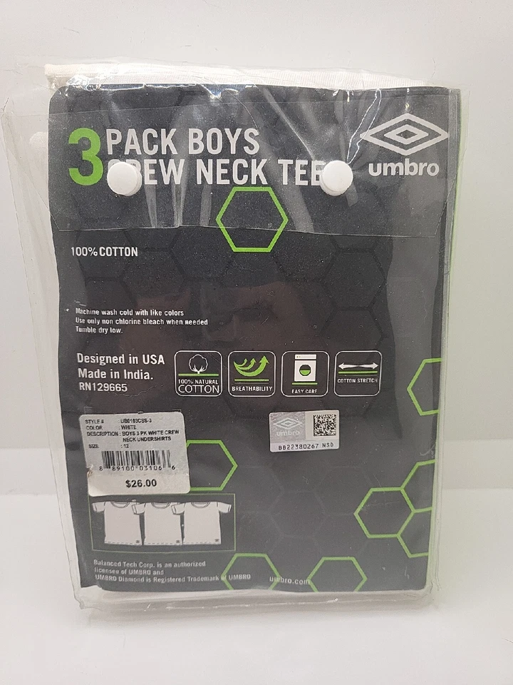 Camisetas blancas cuello redondo UMBRO 3PK para niños talla 12 Foto 2 de 2