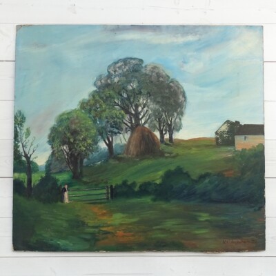 1921 Naive Folk Art Summer Landscape Oil Painting Signed R.C.Ingraham O/B 13x12