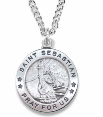 STERLING SILVER ROUND ST SEBASTIAN PATRON OF ATHLETES MEDAL NECKLACE ...