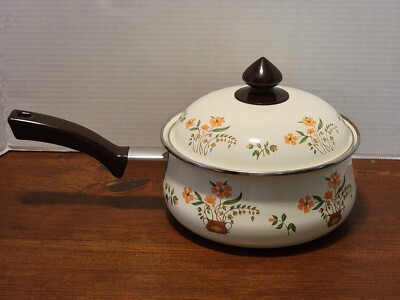 VTG Countryside Collection JMP Enamelware Sauce Pot w/ Lid Made in Taiwan Floral