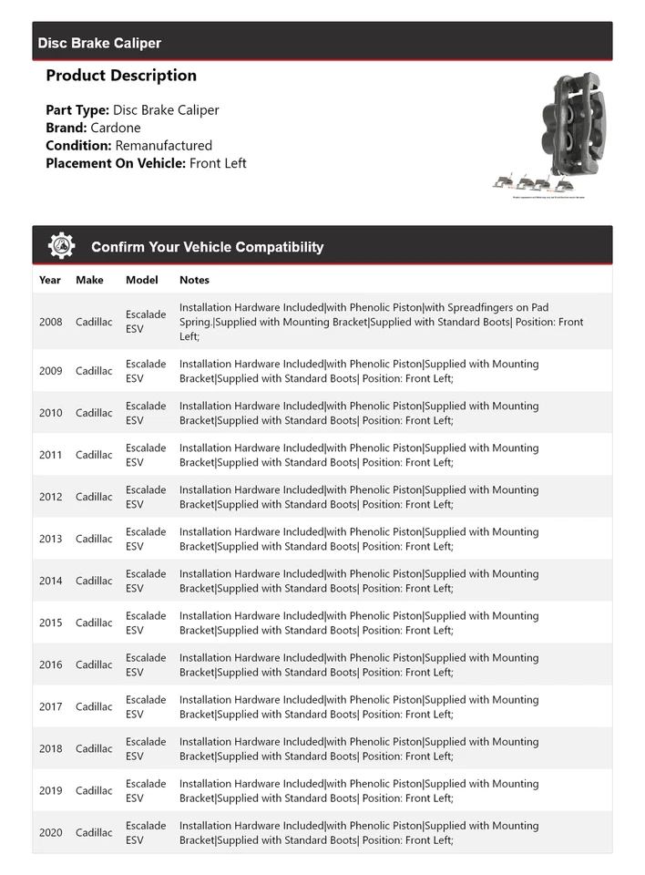 Pinza de freno de disco delantera izquierda Cardone 2009 para Cadillac Escalade ESV 2008-2020 Foto 2 de 4