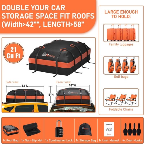 Car Roof Bag Rooftop Top Cargo Carrier Bag 21 Cubic Feet Waterproof for All Cars - Picture 5 of 11