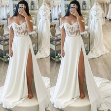Boho Lace Wedding Dresses With Slit Off The Shoulder Chiffon A Line Bridal Gowns
