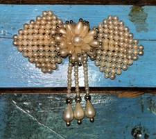 Vtg Faux Pearl Gold Bead Barrette Bow Hair Clip Clasp Wedding