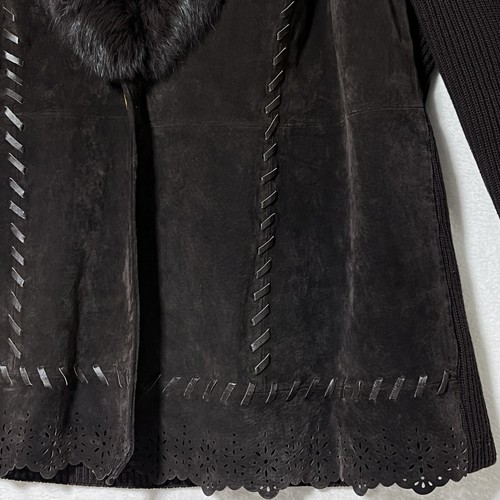 Damen Leder & Strick Jacke mit abnehmbarem Kaninchenfellkragen plus 0X Luxus Boho - Bild 5 von 14
