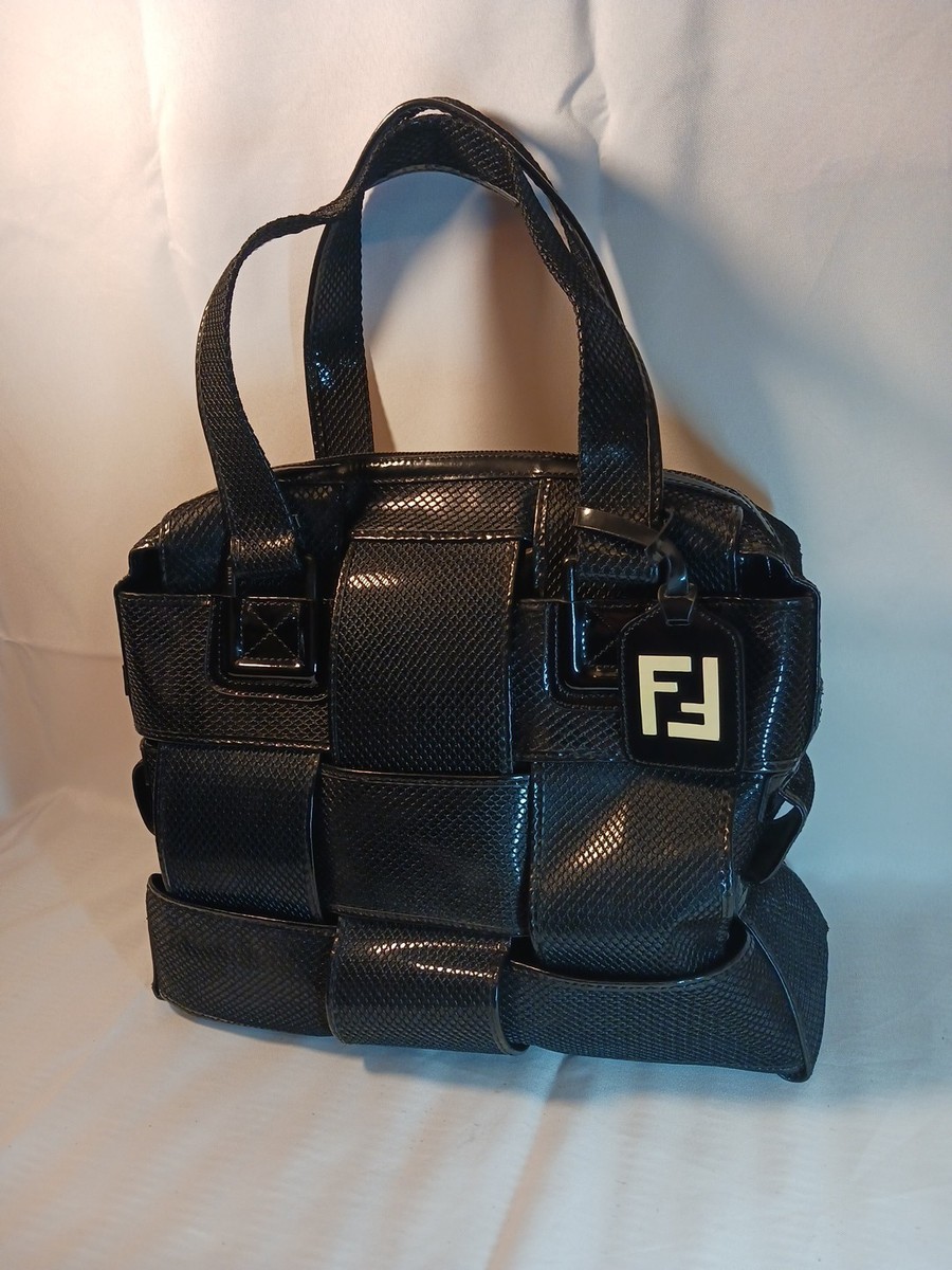 Fendi Mesh Patent Leather Woven Crossword Black Large Bag