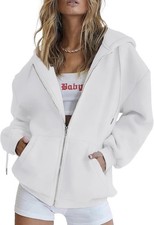 Women's Zip Up Hoodie Casual White Sweatshirt Jackets Pockets XL