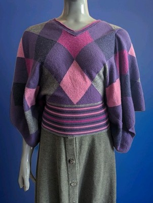 Vintage Y2K Stile Benetton Argyle Dolman Sleeve Sweater w/Striped Waistband S