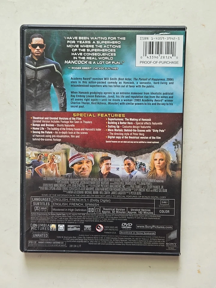 Hancock Movie DVD 2-Disc Special Edition Unrated Will Smith Charlize Theron Foto 2 de 4