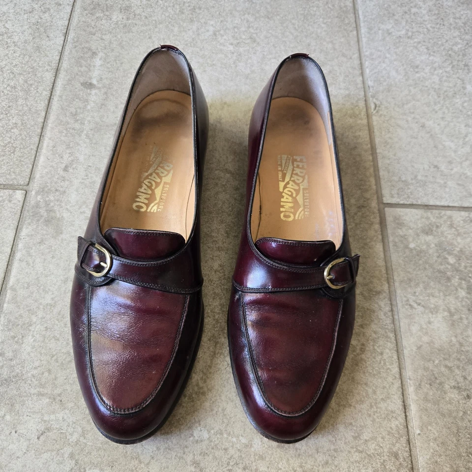 Mocassim Masculino Ferragamo Couro Borgonha Fivela Tamanho 9.5 B Fabricado na ITÁLIA - Imagem 3 de 4