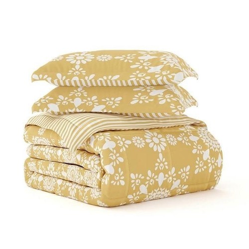 Full/Queen size 3-Piece Yellow White Reversible Floral Striped Comforter Set - Picture 3 of 3