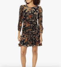 ASTR The Label Black Velvet Floral Ruched Mini Dress Long Sleeve Size L