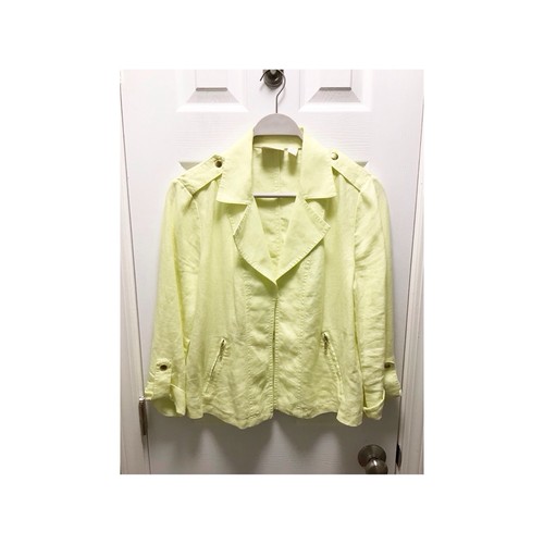 Chicos 100% Linen Yellow Jacket Size Medium / 1 Roll Tab Sleeves Open Front - Picture 1 of 9